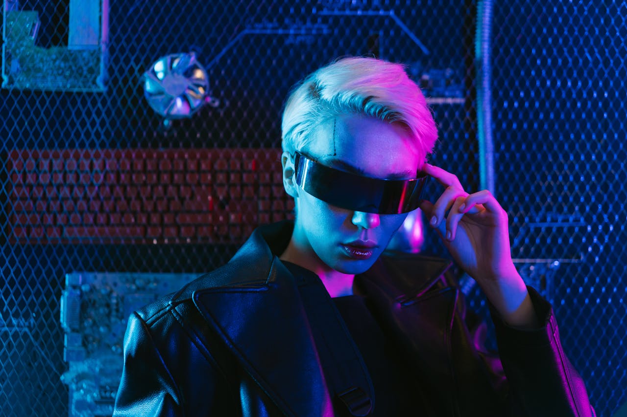 A stylish woman in a futuristic setting with cyberpunk aesthetics and neon lighting.