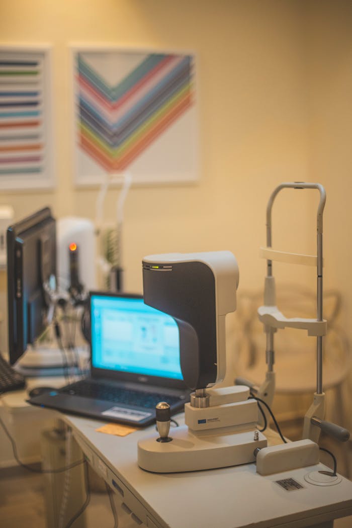 Optometry equipment with digital display in a modern laboratory setting, ideal for healthcare and technology themes.